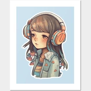 Cute headphone anime girl Posters and Art